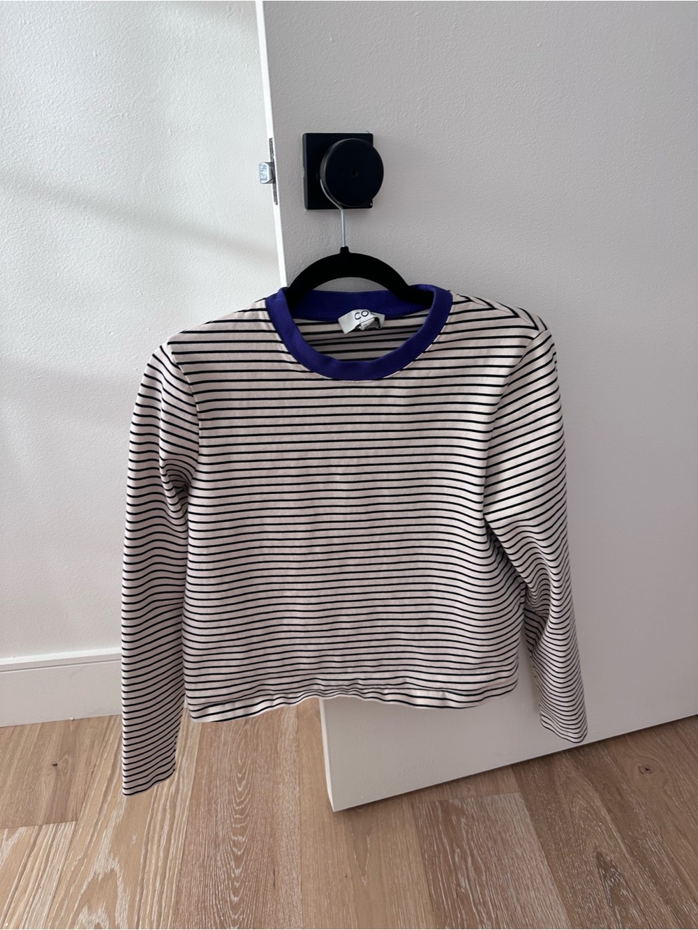Striped Crewneck Sweater – Cream with Black Stripes and Purple  Trim